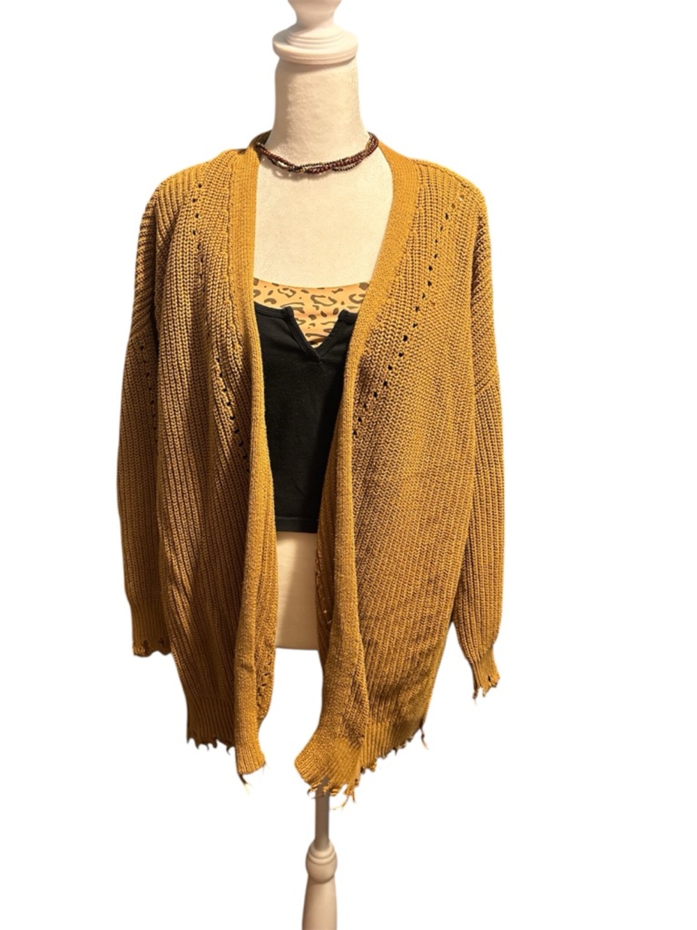 Maurices Mustard Distressed Open-Front Knit Cardigan